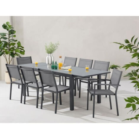 Ensemble table et chaise de jardin 6 à 8 personnes – Table extensible 180-240 cm – 2 fauteuils en aluminium gris – 6 chaises – Hauteur 87 cm (1/5)