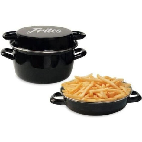 Friteuse émail 26 cm noire avec panier et couvercle verre (1/3)