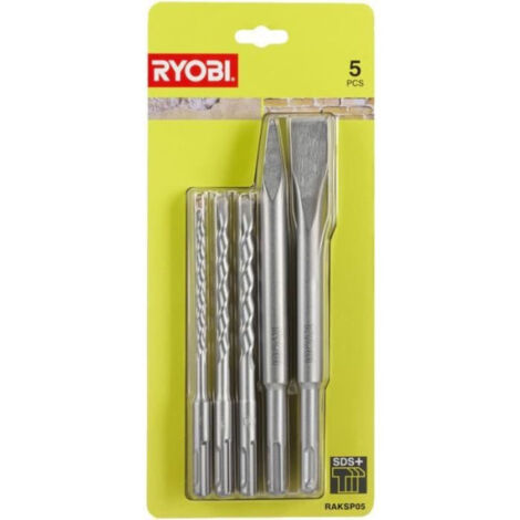 RYOBI - Kit 3 forets (6 mm, 8 mm, 10 mm) et 2 burins SDS+ (1 pointe et 1 plat) - RAKSP05 (1/2)