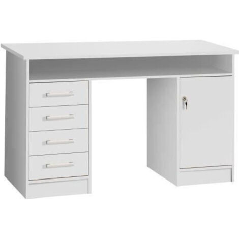 Bureau droit a clés avec 1 porte et 4 tiroirs - Décor papier blanc - 126 x P 55 x H 76 cm - ALICANTE (1/4)