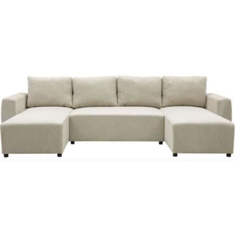 Canapé d'angle convertible panoramique 7 places – Velours côtelé beige – Coffre de rangement – Dimensions L297 x P155 x H85 (1/5)