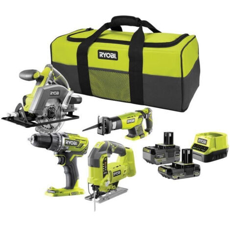 Ryobi – Pack de 4 outils électroportatifs sans fil – Perceuse, scie circulaire, scie sauteuse, scie sabre – 2 batteries 2Ah et 4Ah – Sac de transport inclus