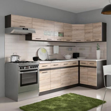 Cuisine d'angle complète 3m40 – Angle réversible – Panneaux mélaminés décor chêne sonoma – 6 éléments hauts et 4 bas