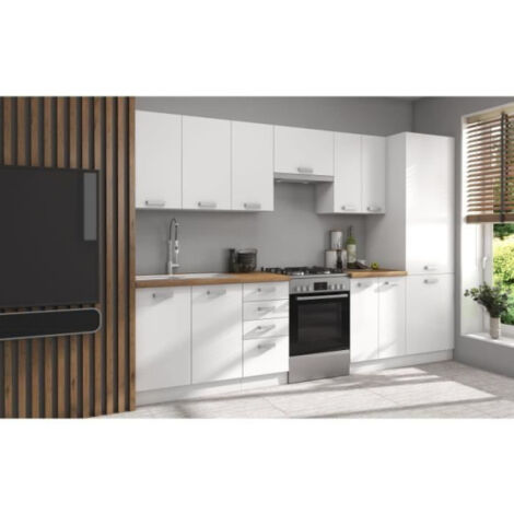 Cuisine complète 8 éléments – Décor blanc – L300 x H52 x H82 cm – Meubles sous évier et tiroirs inclus (1/5)