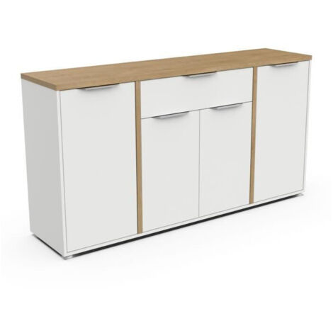 Enfilade 4 portes 1 tiroir chêne Hamilton et blanc – Dimensions L 160,7 x P 39,6 x H 85,6 cm – Panneaux de particules 25mm – Demeyere (1/5)