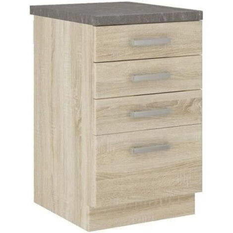 Meuble bas de cuisine 4 tiroirs – Plan de travail décor chêne sonoma – Dimensions L 40 x P 51,6 x H 85 cm – Idéal pour rangement fonctionnel (1/3)