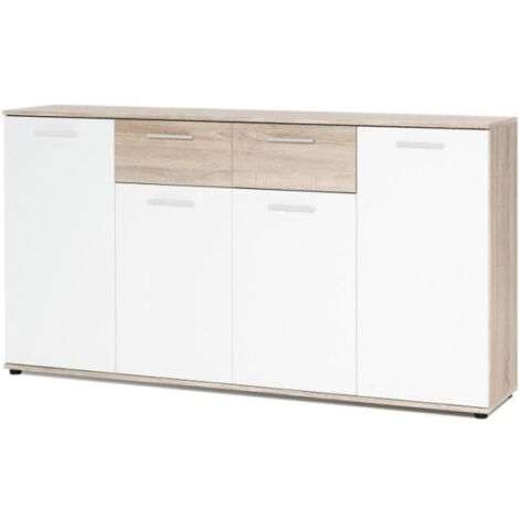 JACKY Buffet bas classique blanc et décor chene mat - L 160 cm (1/4)
