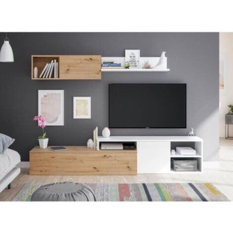 Ensemble meuble TV réversible JULIA - Mélaminé blanc et chene - 2 Portes battantes - L220 x P40 x H 44 cm (1/5)