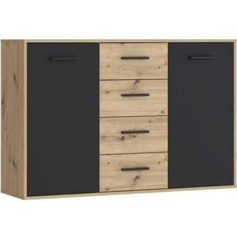 Buffet PILVI - Style contemporain - Particules mélaminé - Décor Chene et noir - 2 portes + 4 tiroirs - L 122,6 x P 34,2 x H 8 (1/5)
