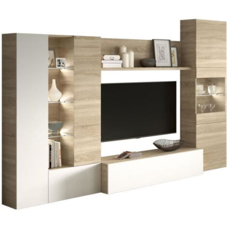 ESSENCIAL Meuble TV avec LED classique blanc brillant et décor chene - L 260 cm (1/5)