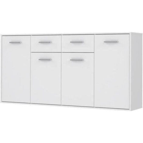 Buffet bas PILVI - 4 portes et 2 tiroirs - Blanc mat - L 162,3 x P 34,2 x H 88,1 cm (1/5)