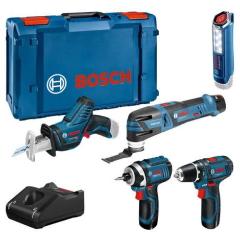 Bosch Professional – Pack de 5 outils électroportatifs 12V – Visseuse GSR 12V15, découpeuse GOP 12V28, clé à chocs GDR 12V105, scie GSA 12V14, lampe GLI 12V300 – 3 batteries 2.0Ah et chargeur inclus - XLBoxx-061599 (1/2)
