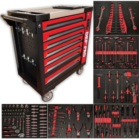 Defpro – Servante d'atelier 7 tiroirs – Acier 6-7 mm – 166 outils inclus – Plan de travail inox – Charge maximale 120 kg – Roues renforcées - 166outils