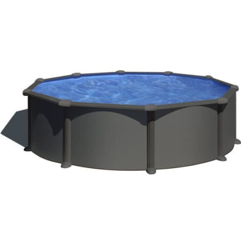 GRE – Piscine hors sol ronde en acier grise anthracite – Ø370 x H122 cm – Livrée avec filtre à sable et échelle – Pour espaces extérieurs réduits