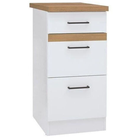 JUNONA Meuble bas de cuisine 40 cm - 3 tiroirs + plan de travail - Blanc brillant (1/4)