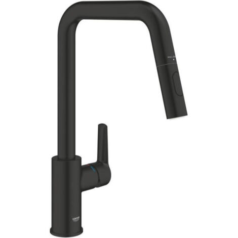 Grohe – Mitigeur de cuisine noir mat – Bec haut orientable 360° – Douchette extractible avec 2 jets – Technologie SilkMove (1/3)