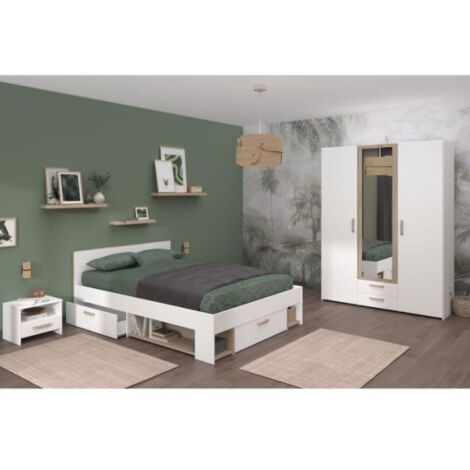 Chambre complete adulte - DREAM - Lit 140x190/200 cm + 2 chevets + armoire - Décor blanc et chene - PARISOT