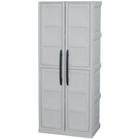 Armoire de rangement haute en résine TOOD avec porte-balai - 3 tablettes - Taupe/écru