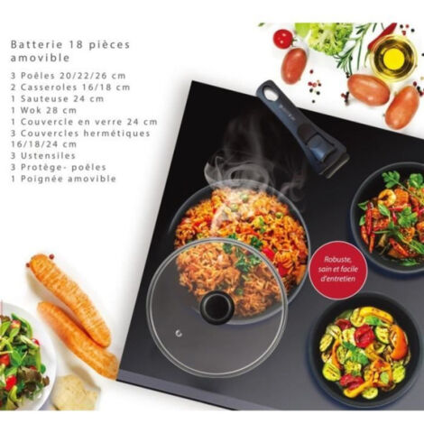 Batterie de cuisine - Tous feux dont induction - ART & CUISINE - AC1824 - Aluminium - 18 pieces - Anti-adhérent - Poignée amov