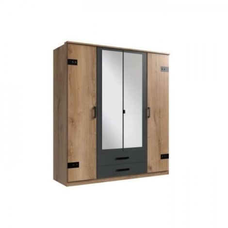 Armoire CORFOU - Décor Chene et gris anthracite + Miroirs - 4 portes battantes - 2 tiroirs - L180 x P58 x H199 cm (1/5)