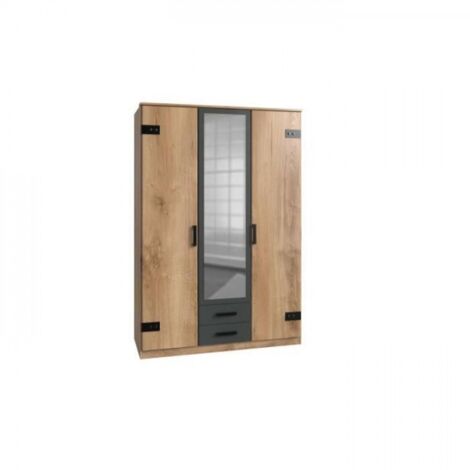 Armoire CORFOU - Décor Chene et gris anthracite + Miroir - 3 portes battantes - 2 tiroirs - L135 x P58 x H199 cm (1/5)