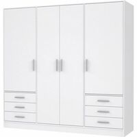 Armoire contemporaine 4 portes battantes – 6 tiroirs – Bois aggloméré blanc mat – L 206,5 x P 60 x H 200 cm – Partie lingère et penderie