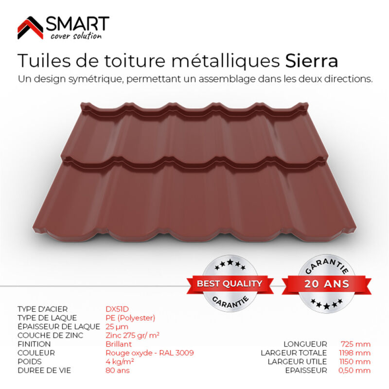 Tuile de toiture métallique SIERRA Coloris Rouge Oxyde RAL 3009  Dimensions 725x1198x0.50mm