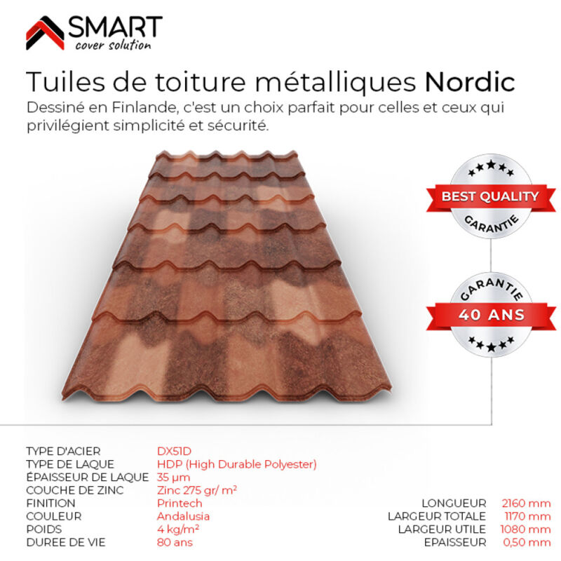 Tuile de toiture métallique NORDIC Coloris Spanish Roof Andalusia  Dimensions 2160x1170x0.50mm