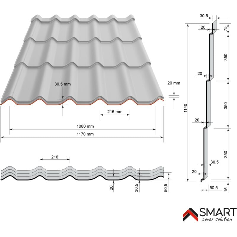 Tuile de toiture métallique NORDIC Coloris Spanish Roof Andalusia  Dimensions 2160x1170x0.50mm 2