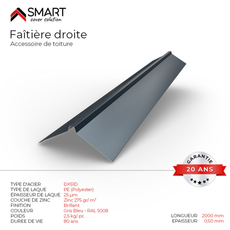 Faîtière droite - bac acier - tôle de couverture - Toiture -  Coloris Gris Bleu RAL 5008 L=2m, épaisseur 0.50mm