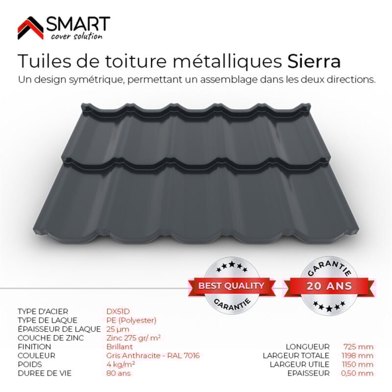 Tuile de toiture métallique SIERRA Coloris Gris Anthracite 7016  Dimensions 725x1198x0.50mm