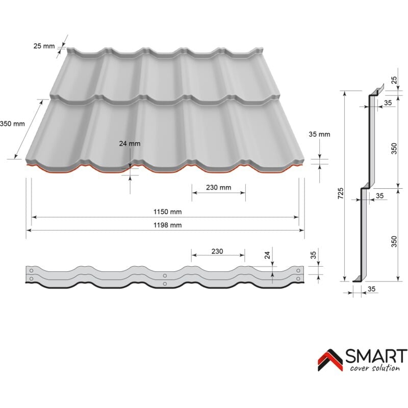 Tuile de toiture métallique SIERRA Coloris Gris Anthracite 7016  Dimensions 725x1198x0.50mm 2