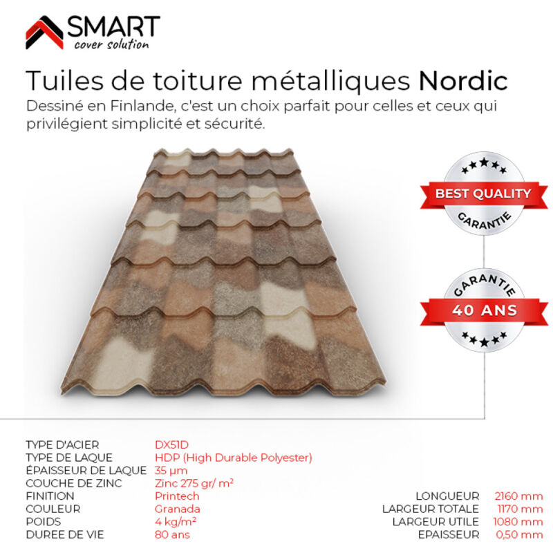Tuile de toiture métallique NORDIC Coloris Spanish Roof Granada Dimensions 2160x1170x0.50mm