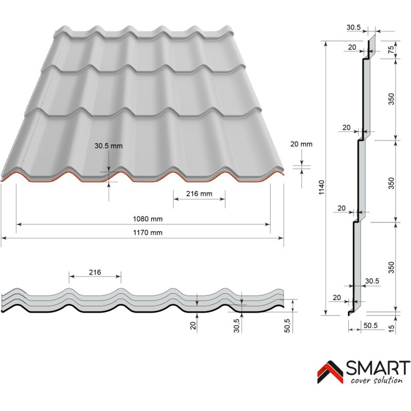 Tuile de toiture métallique NORDIC Coloris Spanish Roof Granada Dimensions 2160x1170x0.50mm 2