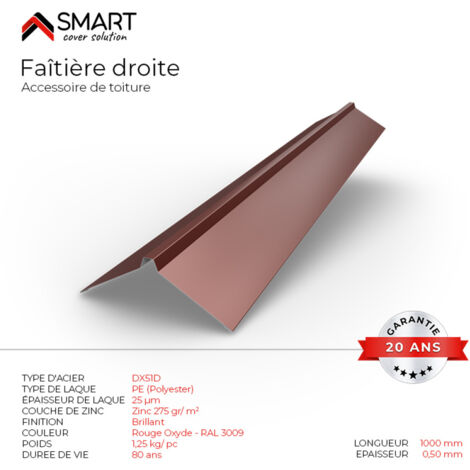 Bravo The Smart Solution – Faîtière droite bac acier – Tôle de couverture 1m – Épaisseur 0.50mm – Coloris rouge oxyde RAL 3009 pour toiture métallique