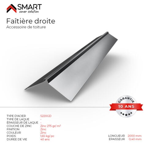 Faîtière droite - bac acier - tôle de couverture - Toiture -  H12 Galvanisé L=2m