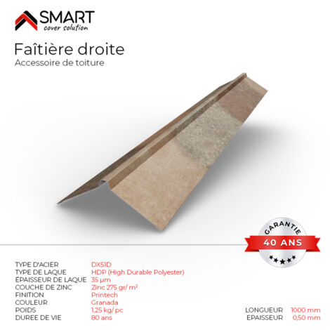 Faîtière droite - bac acier - tôle de couverture - Toiture -  Coloris Spanish Roof Granada L=1m, épaisseur 0.50mm