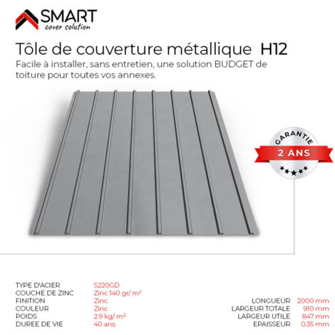 Tôle bac acier - Toiture - Couverture - plaque H12 Galvanisé Dimensions 2000 x 910 x 0.35 mm Zinc 140 gr S220GD