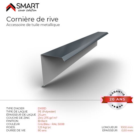 Cornière de rive - bac acier - tôle de couverture - Toiture -  - bac acier - tôle de couverture - Toiture -  Coloris Gris Bleu RAL 5008 L=1m, épaisseur 0.50mm