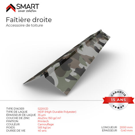Faîtière droite - bac acier - tôle de couverture - Toiture -  H12 Coloris Camouflage Printech L=2m