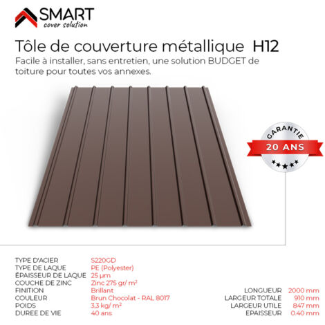 Bravo The Smart Solution – Tôle bac acier toiture – Couverture H12 – Coloris brun chocolat RAL 8017 – Dimensions 2000x910x0.40 mm – Épaisseur 0.4 mm