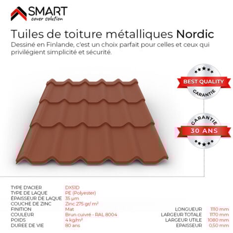 Tuile de toiture métallique NORDIC Coloris Brun Cuivré RAL 8004 Mat  Dimensions 1110x1170x0.50mm