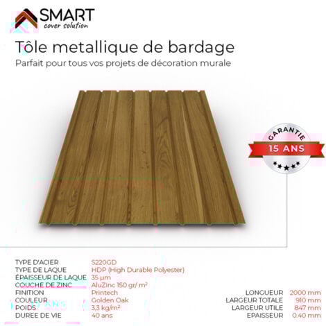 Tôle bac acier - Toiture - Couverture - plaque H12 Coloris Golden Oak Printech Dimensions 2000x910x0.40mm