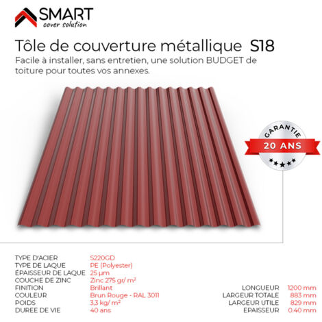 Bravo The Smart Solution – Tôle bac acier S18 – Couverture toiture coloris brun rouge RAL 3011 – Dimensions 1200x883x0.40mm – Solution économique et durable