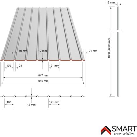 Tôle bac acier - Toiture - Couverture - plaque H12 Coloris Gris Anthracite RAL 7016 Dimensions 2000x910x0.40 mm