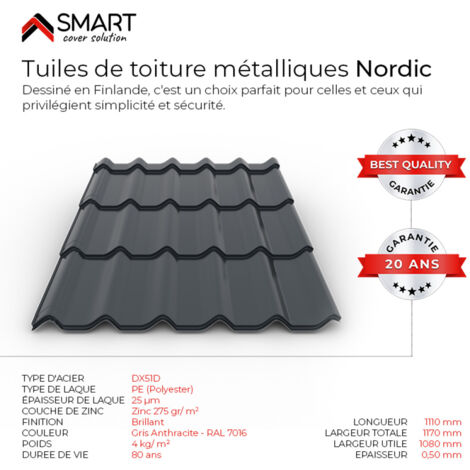 Bravo The Smart Solution – Tuile de toiture métallique NORDIC – Gris anthracite 7016 – Dimensions 1110x1170mm – Conçue pour chantiers humides et terrains accidentés