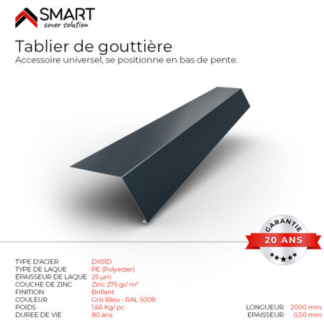 Tablier de gouttière - bac acier - tôle de couverture - Toiture -  Coloris Gris Bleu RAL 5008 L=2m, épaisseur 0.50mm