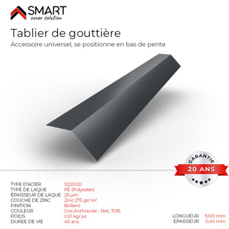 Bravo The Smart Solution – Tablier de gouttière en bac acier – Accessoire de toiture – H12 gris anthracite RAL 7016 – Longueur 1m pour finition étanche