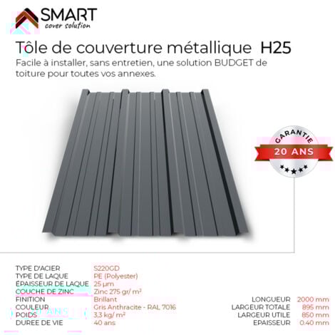 Tôle bac acier - Toiture - Couverture - plaque H25 Coloris Gris Anthracite RAL 7016 Dimensions 2000x895x0.40 mm