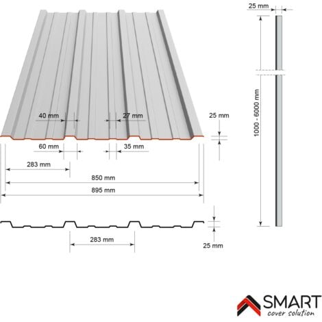 Tôle bac acier - Toiture - Couverture - plaque H25 Coloris Gris Anthracite RAL 7016 Dimensions 2000x895x0.40 mm